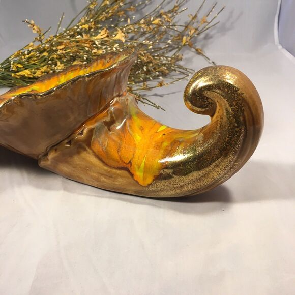 USA Art Mid Century Pottery Volcanic Orange Drip Glaze Cornucopia Fall Decor - Picture 10 of 12